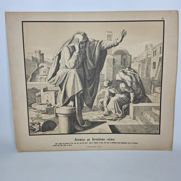 Jeremias på Jerusalems ruiner – Skolplansch / Litografi, ca 1800-talets slut