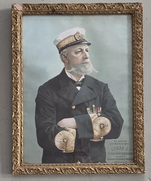 Porträtt av Oscar II, litografiskt tryck, Skandinaviska Kaffeförädlingsboalget.