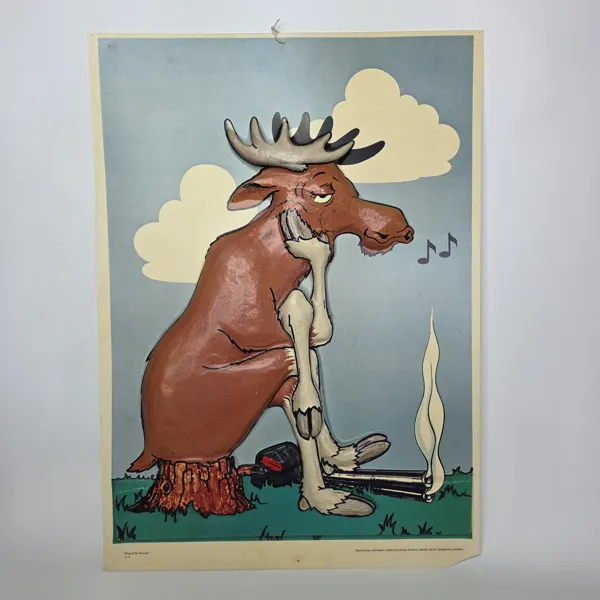 Vintageaffisch/Poster "King of the Forest". Trött Älg med Jakgevär (Retro). Sverige.