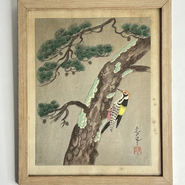 Ohno Bakufu (1888–1976) – Hackspett på tall, Japanskt träsnitt på papper