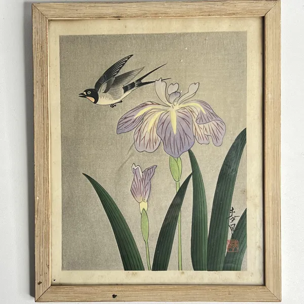 Ohno Bakufu (1888–1976) – Svala och iris, Japanskt träsnitt