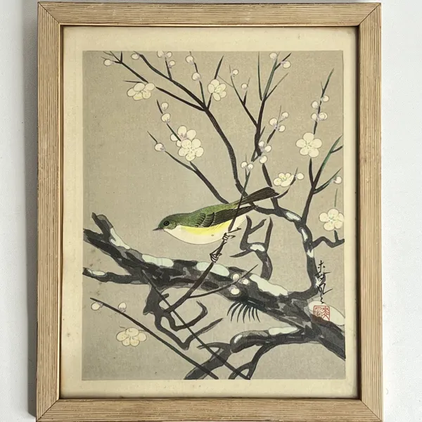 Ohno Bakufu (1888–1976) – Fågel på blommande kvist, Japanskt träsniti