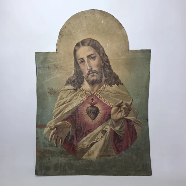 Antik KATOLSK Kyrkoplåt i Dubbelsidig motiv av Jesus och Maria